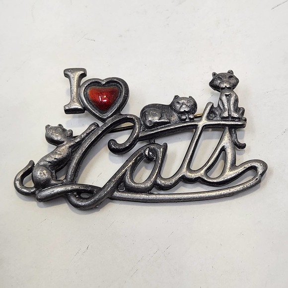 AJC I Heart Cats Silver Tone Brooch Pin Red Enamel Heart Kittens Vintage Feline - Picture 1 of 6